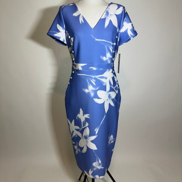 NWD Calvin Klein Blue White Floral Scuba Sheath Midi Dress Career Womens Size 10 - Picture 1 of 12